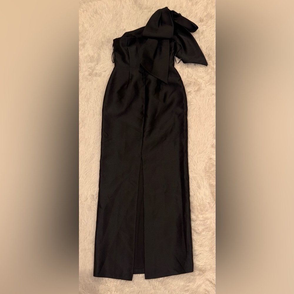 NEW Alfred Sung Bow Detail One-Shoulder Satin Twill Column Black Gown Sz 4 - Picture 6 of 7